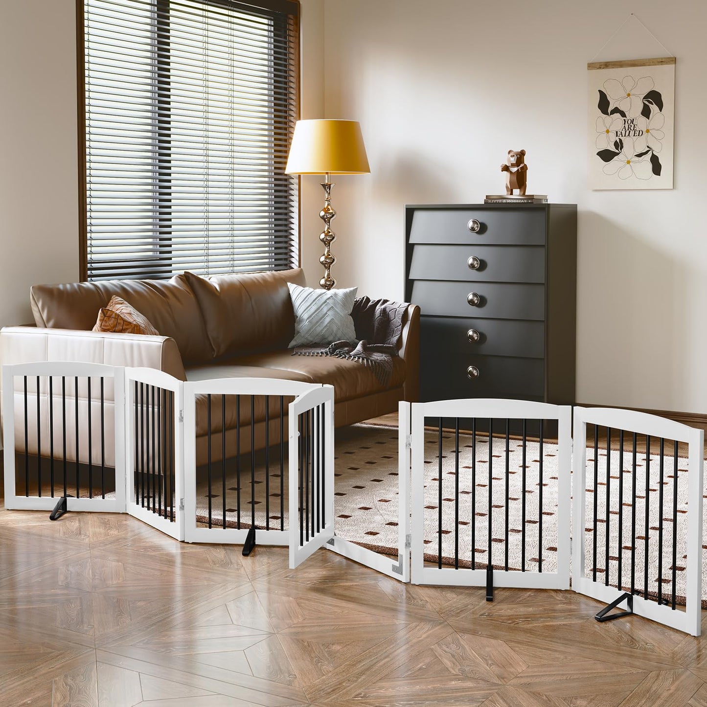 PUPETPO Freestanding Pet Gates with Walk Through Door, Dog Indoor Fence, Dog Gate for The House, Stairs, Extra Wide Pet Gate, Support Feet Included, 120 Inch Wide, 6 Panels 24" Tall, White & Black