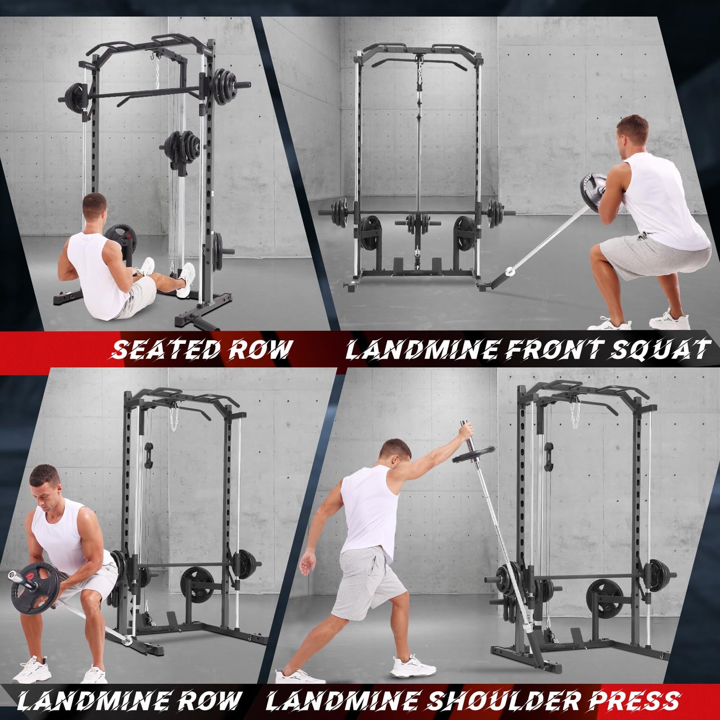 OPPSDECOR Smith Machine Squat Rack with LAT-Pull Down Multifunctional Power Rack with Cable Crossover Machine Power Cage with Barbell Bar Full Body Training Attachments for Home & Garage Gym (Grey)