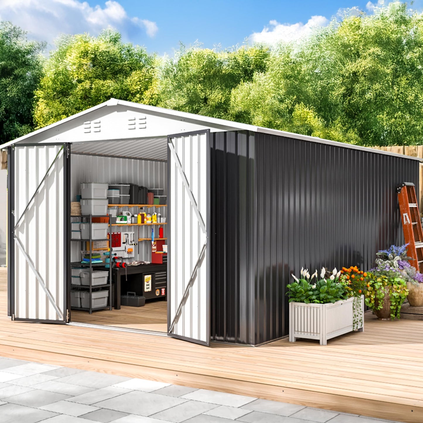 WKM 10x14 Metal Outdoor Storage Sheds, Heavy-Duty Galvanized Steel Garden Shed with Lockable Doors & 4 Vents, Waterproof Tool Shed Organizer for Outside, Backyard, Patio, Lawn, White