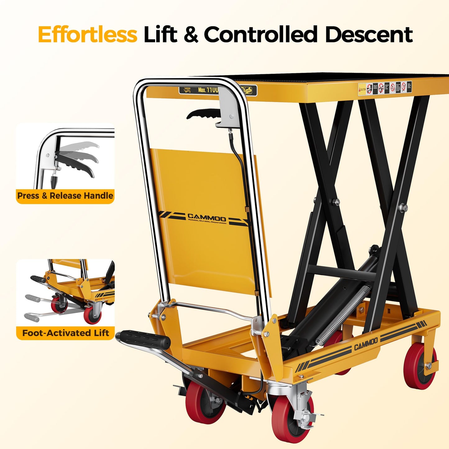 Hydraulic Lift Table Cart, 1100lbs Capacity, 34.7" Lifting Height, Single Scissor Lift with Non-Slip Pad & Safety Guard Foldable Handle for Material Handling and Transportation, Yellow