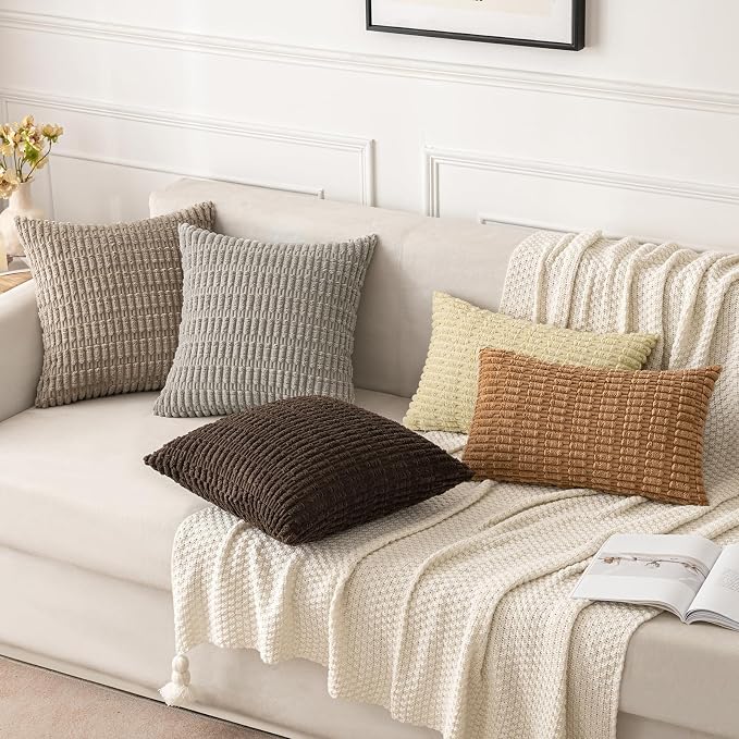 MIULEE Pack of 2 Corduroy Decorative Throw Pillow Covers 16x16 Inch Soft Boho Striped Pillow Covers Modern Farmhouse Home Decor for Sofa Living Room Couch Bed Brown