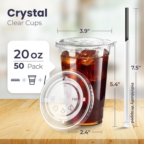 Fit Meal Prep 20 oz Plastic Iced Coffee Cups - 100 Pack, BPA-Free with Flat Lids & Straws | Perfect for Parties & Cold Drinks