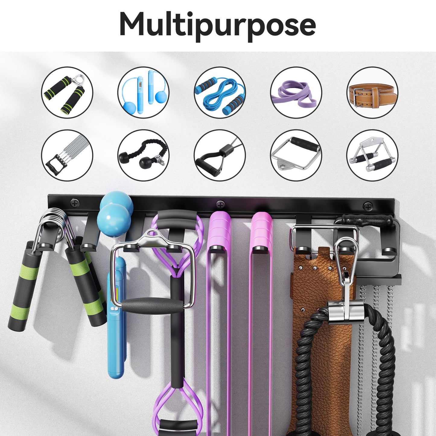 Wall Mounted Home Gym Equipment Storage Rack for Resistance Bands, Cable Attachments, Lifting Belts, Jump Ropes and Chains