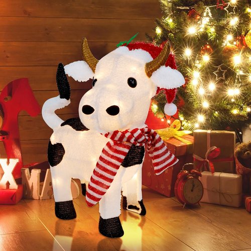 Lulu Home 21" H Christmas Yard Decoration, 3D Pre-lit Cow with 35 Warm White Lights, Light Up Diary Cattle Wearing Scarf & Santa Hat for Xmas Indoor Outdoor Holiday Lighted Display