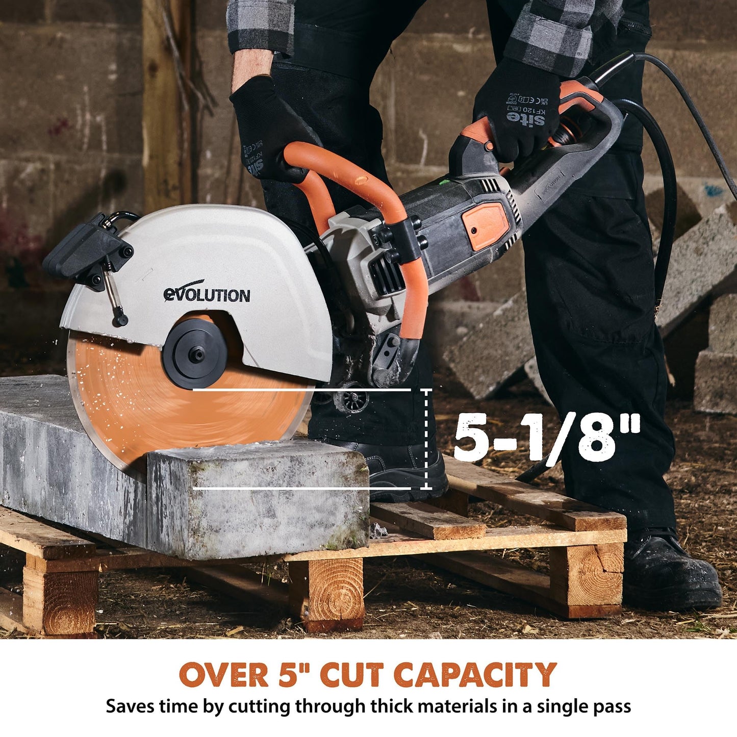 Evolution R14DCT 14” Electric Concrete Saw | High-Torque 20A Motor | 5-1/8” Cut Depth | Auto ON/OFF Dust Suppression | No Gas, Low Maintenance | 14” Diamond Blade | Heavy-Duty | 20A Plug