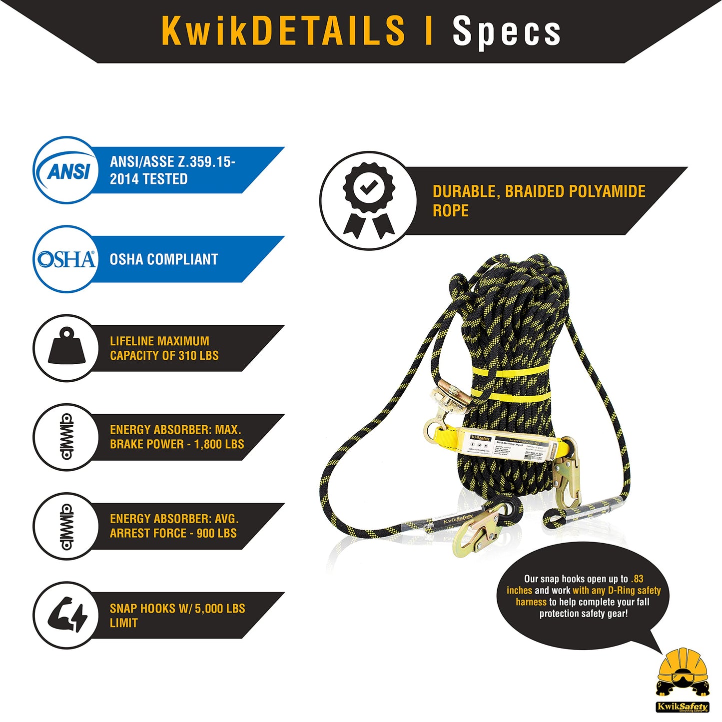 KwikSafety - Charlotte, NC - TSUNAMI [Premium BRAIDED ROPE] Vertical Lifeline ANSI OSHA Rope Grab Snap Hook Shock Absorber Fall Protection Line Kit Restraint System Roofing Safety Equipment / 150 FT.