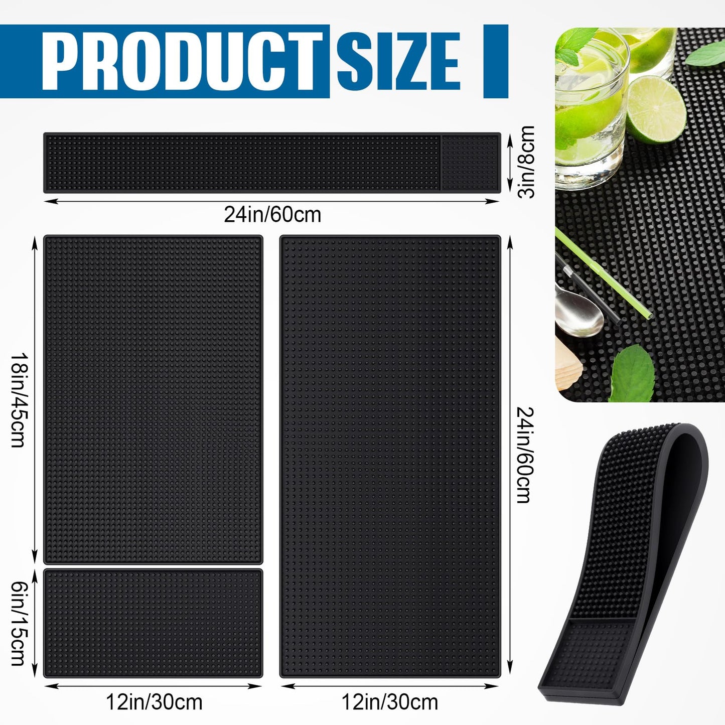 Jingmore 4 Pcs Thick Rubber Bar Mats for Bartending, Durable Non-slip Spill Mat for Countertop, Home Kitchen, Coffee Bars, and Restaurants Accessories, Black(24" X 12"+18" X 12"+24" X 3"+12" X 6")