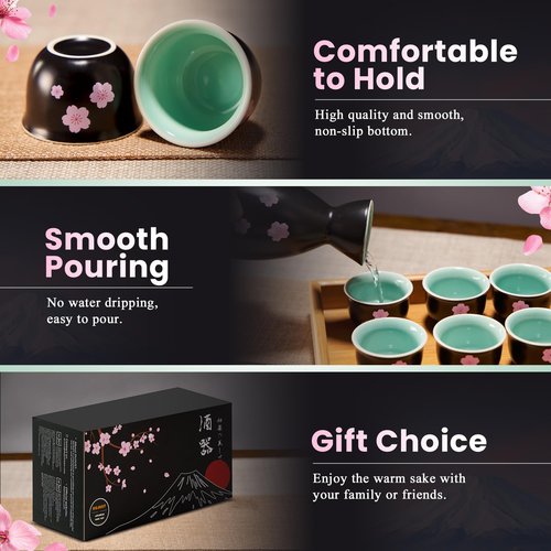DUJUST 10 pcs Japanese Sake Set with Warmer for 6, Sakura & Fuji Design Porcelain Sake Set, 6 Sake Cups, 1 Bottle, 1 Warmer, 1 Candle Stove, 1 Tray & 1 Box, Warm Sake Carafe, Japanese Gifts - Black