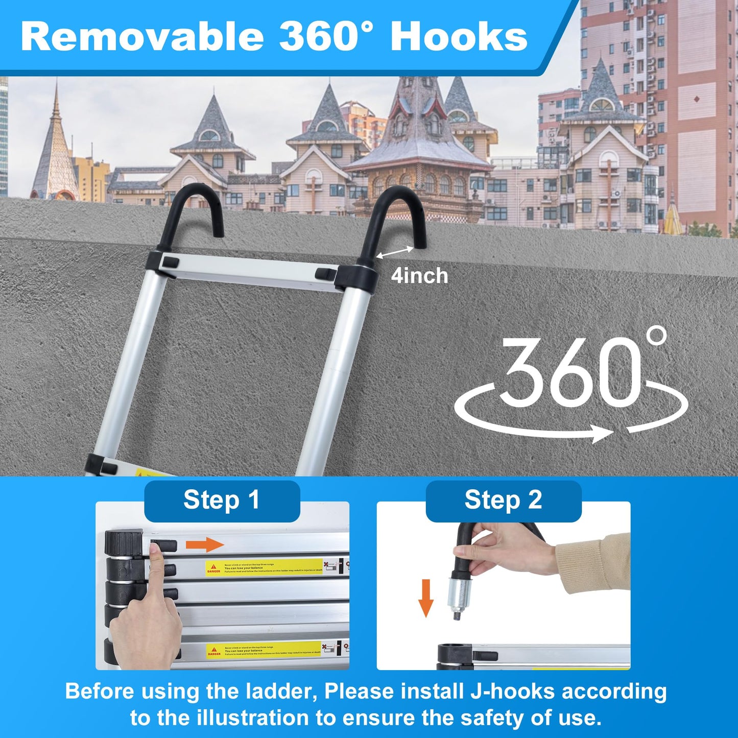 Wolec 16.5 ft Aluminum Telescoping Ladder, 330 lb Load, Hooks, Portable Collapsible Ladder for Home & Work,Silver