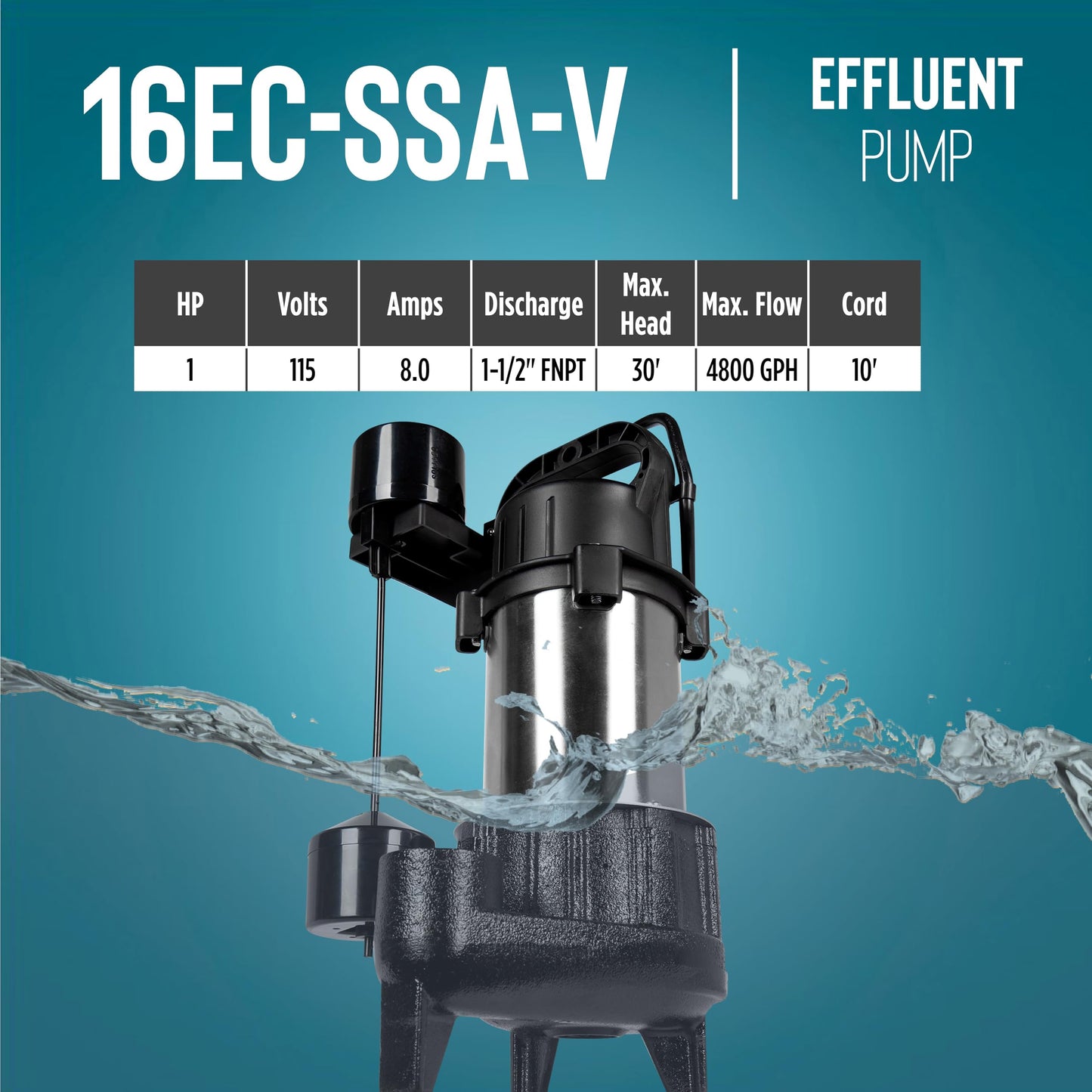 Little Giant 16EC-SSA-V 115 Volt, 1 HP, 4800 GPM Sump or Light Effluent Pump with Piggy-back Vertical Switch, 10-Ft. Cord, Black, 14942785