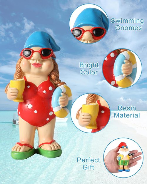 iStatue Beach Gnomes - Fun Resin Tabletop Decorations with Swim Rings & Sunglasses | Set of 2 for Home & Garden
