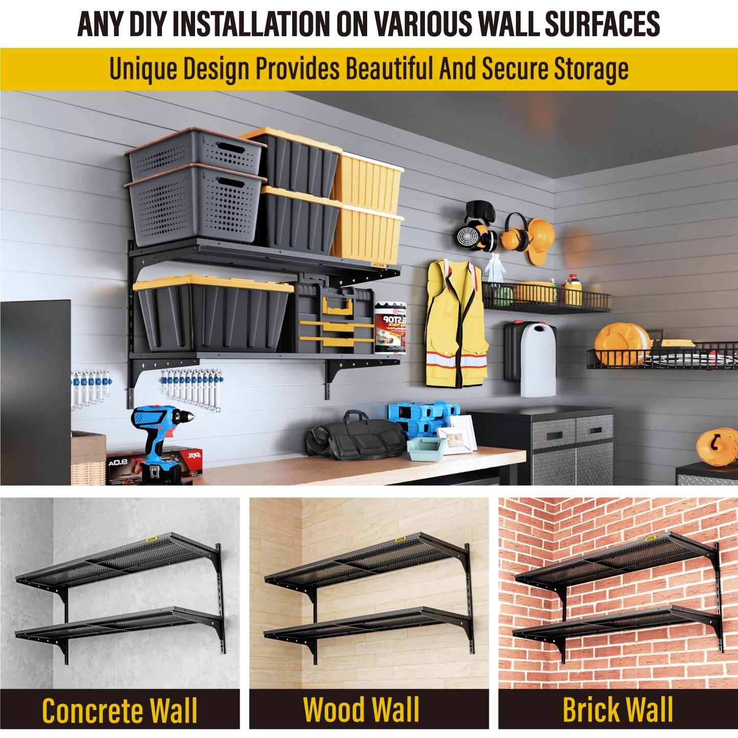 Aecxm 1pack×2 Tier 1.3x4ft Garage Shelving Wall Mounted, 260lbs Load Capacity，15.6x48inch per Shelf Height Cassette Adjustable Floating Shelves, Black