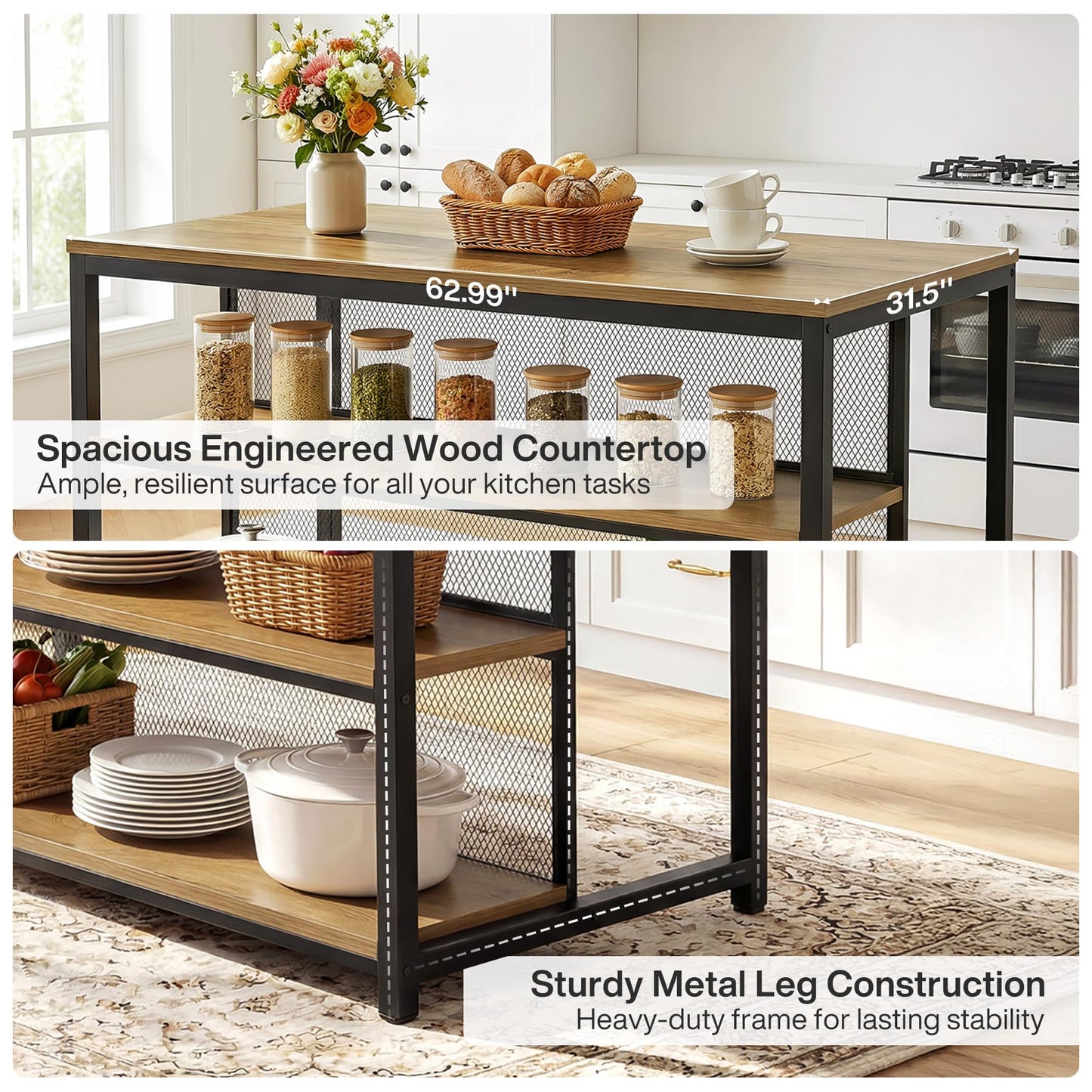 Tribesigns 63" Kitchen Island, Industrial Bar Table with Storage Shelves & Seating, Modern Farmhouse High Top Kitchen Dining Table with Metal Frame for Kitchen, Dining Room, Living Room, Bistro