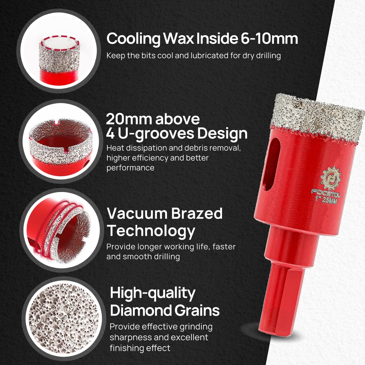Diamond Core Drill Bit Set - FOCSTOL 12pcs (6/8/10/20/25/35/50/68/100mm+20mm Finger Milling Bit+50mm Beveling Chamfer Bit+6mm Carbide Drill) Hole Saw Kit for Porcelain Ceramic Tile Marble Granite