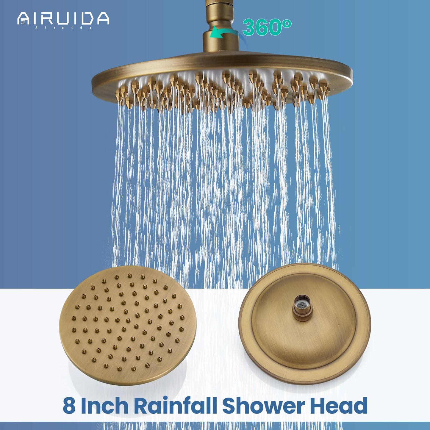 Airuida Exposed Shower System, 8 Inch Rainfall Shower Head with Handheld Spray, Single Handle Wall Mount Shower Faucet Set, Solid Brass Dual Function Exposed Pipe Fixture for Bathroom,Antique Brass