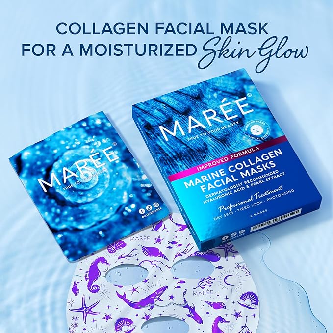 MAREE Collagen Facial Mask with Hyaluronic Acid ??Sheet Face Mask Skincare ??Centella Asiatica, Green & Red Algae Extract ??Hydrating Facemask For Women Skin Care ??Mascarillas Para La Cara ??12 Count