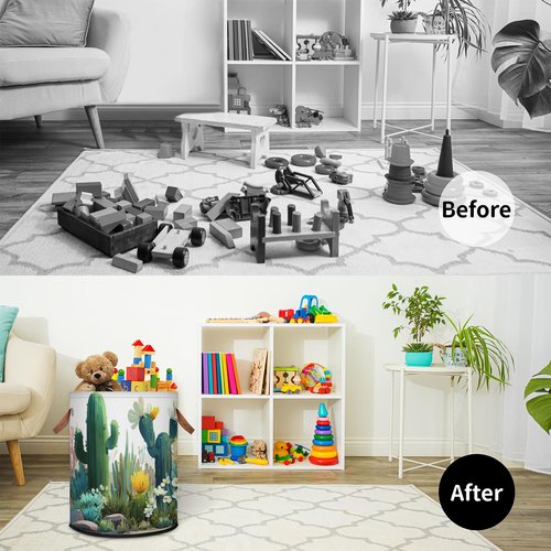 FZDXZJJ Large Round Laundry Storage Basket - Cactus Bin with Handles, Collapsible box for Home, Office, Toy Organizer, Bedroom, Living Room, Home Decor (Cactus)