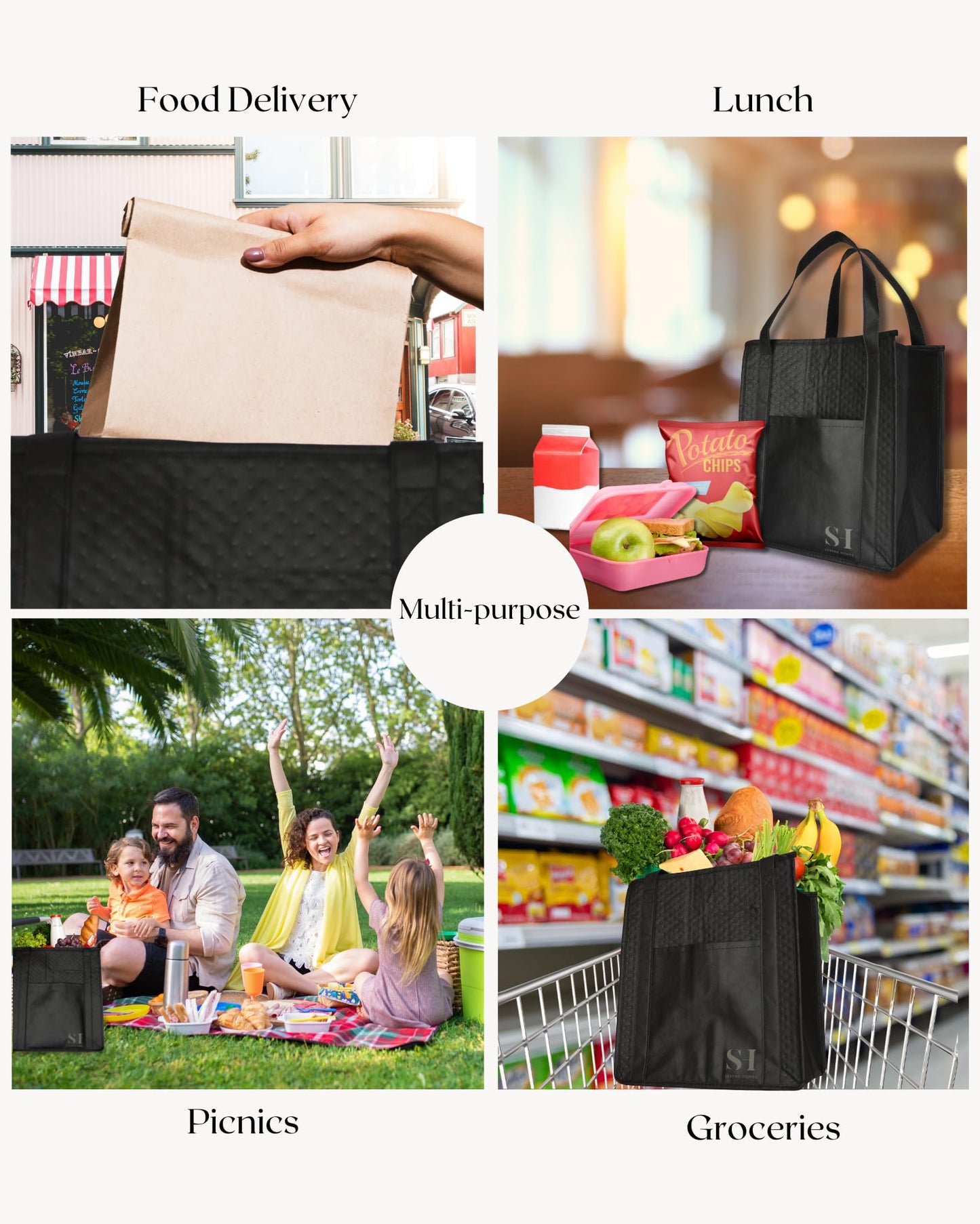 Serene Homes Black Insulated Grocery Bags, 4 Pack Reusable Shopping Bags with Zippered Top for Groceries & Food Delivery