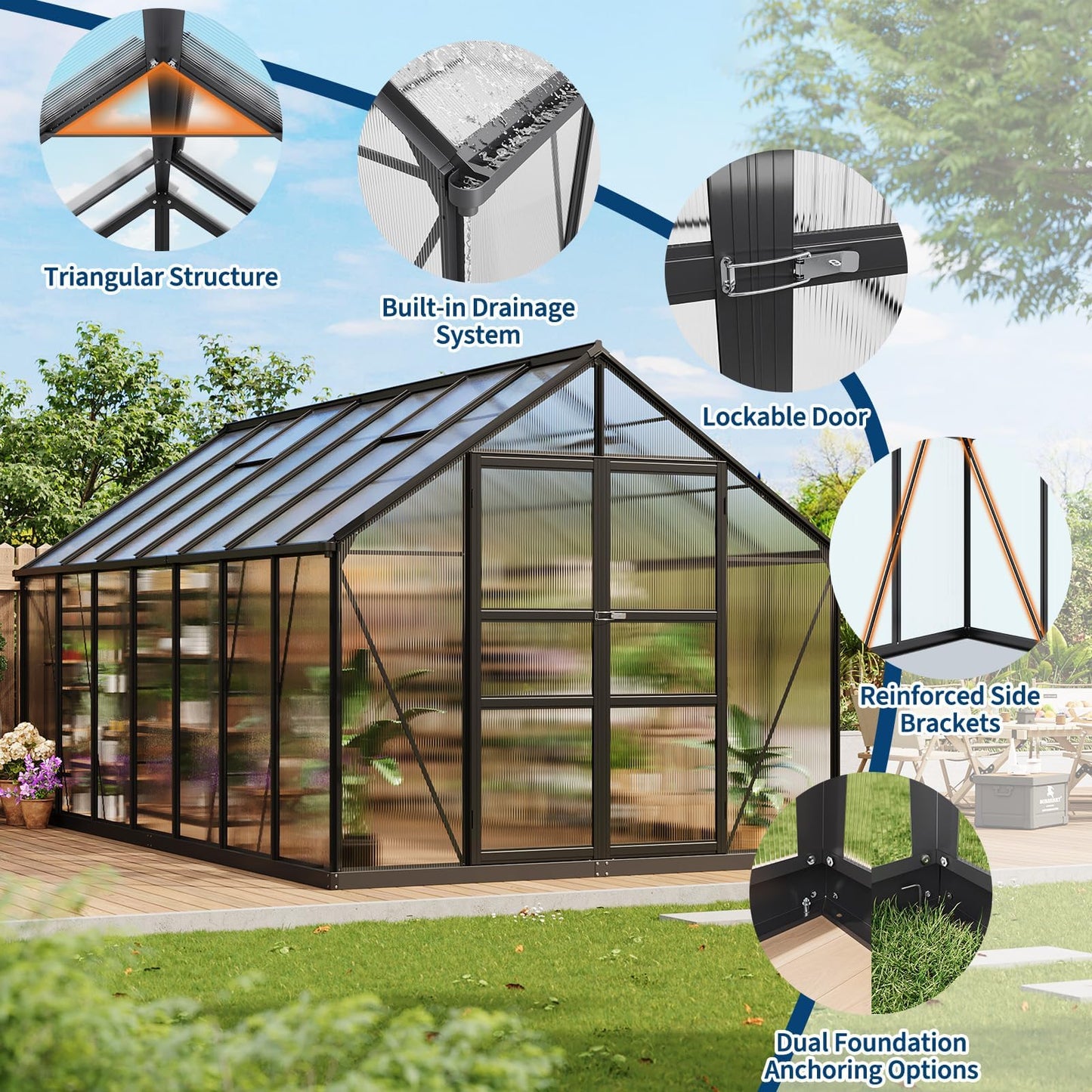 8×14 FT Outdoor Aluminum Polycarbonate Greenhouse, Easy Assembly Walk-in Greenhouse with Roof Vent & Lockable Hinged Door, Large Heavy Duty Greenhouse for Patio, Backyard, Garden, Sunroom, Black