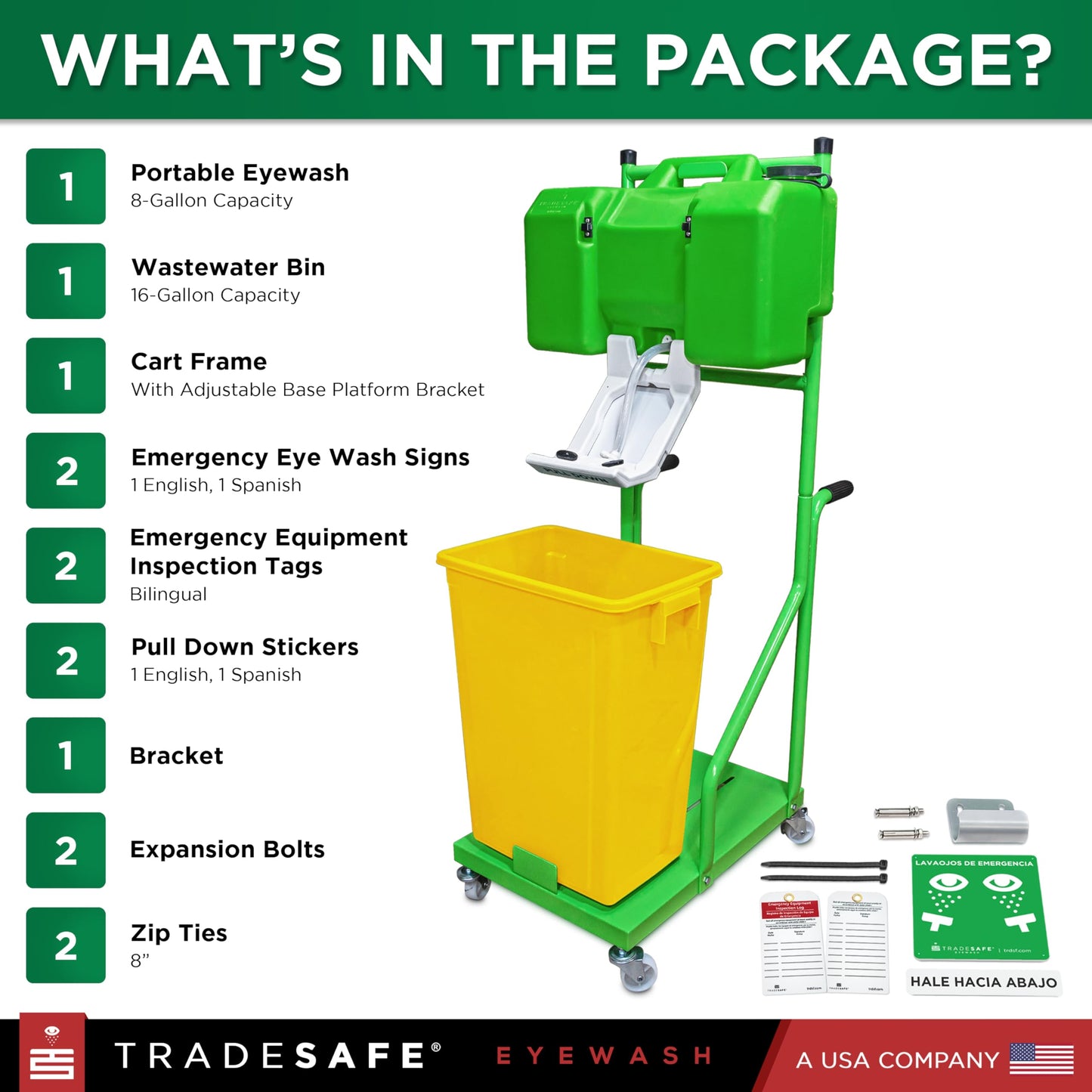 TRADESAFE Portable Eye Wash Station OSHA Approved - Emergency Eye Wash Station, 8 Gallon Eye Wash First Aid with Cart and Wastewater Bin, Eyewash Station Sign, OSHA and ANSI Compliant