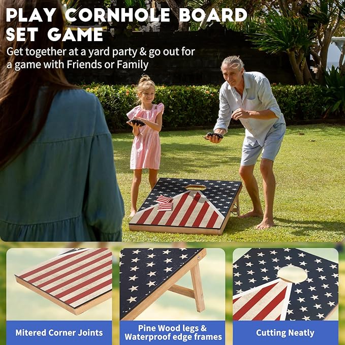 Cornhole Set, Corn Holes Outdoor Game, Regulation Cornhole Boards, Portable Cornhole Set, Classic American Flag Cornhole Set Includes 2 Boards, 8 Cornhole Beans Bags & Carry Case