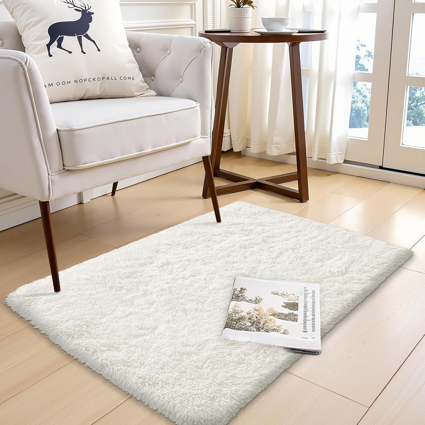 OLANLY Small Bedside Rug - Soft, Fluffy Shaggy Throw Rug for Bedroom & Living Room | Ivory