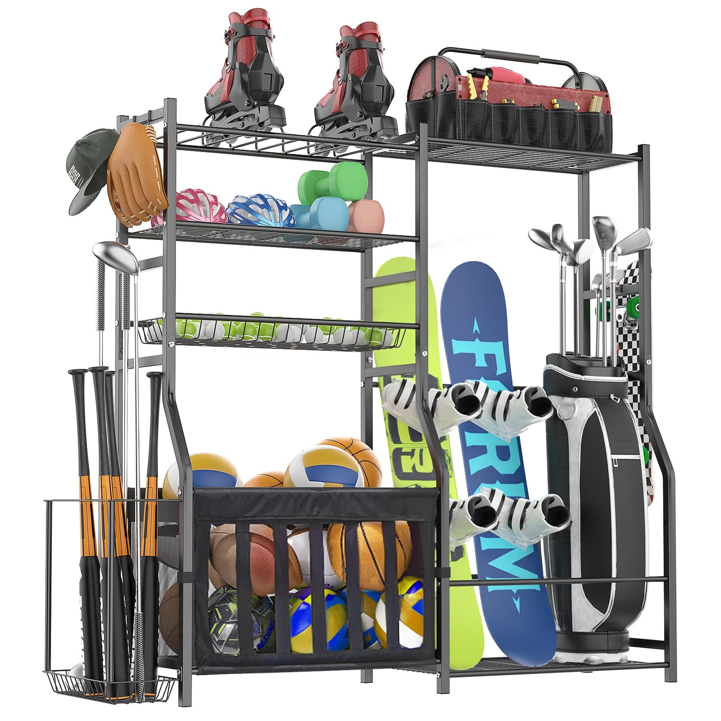 organizelink Heavy Duty Garage Sports Equipment Organizer, All-in-One Golf Bag Storage Rack & Multi-Sport Ball Holder for Basketballs, Bats & Kids Toys, Indoor/Outdoor Free Standing Gear Bin