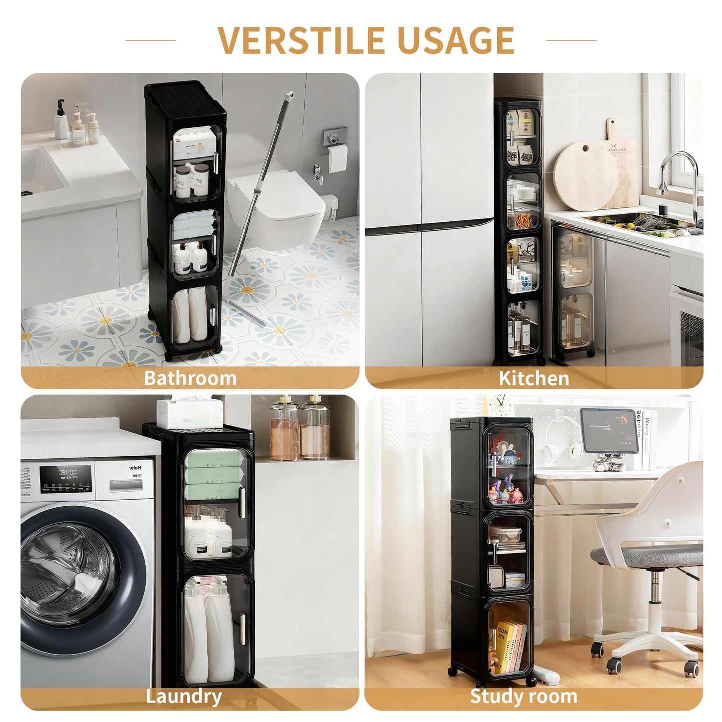 Lifelongpal 4-Tier Tall Narrow Storage Cabinet, Slim Bathroom Storage Cabinet with Adjustable Shelves and Wheels, Narrow Organizer for Small Space, Bathroom, Kitchen, Laundry, Black