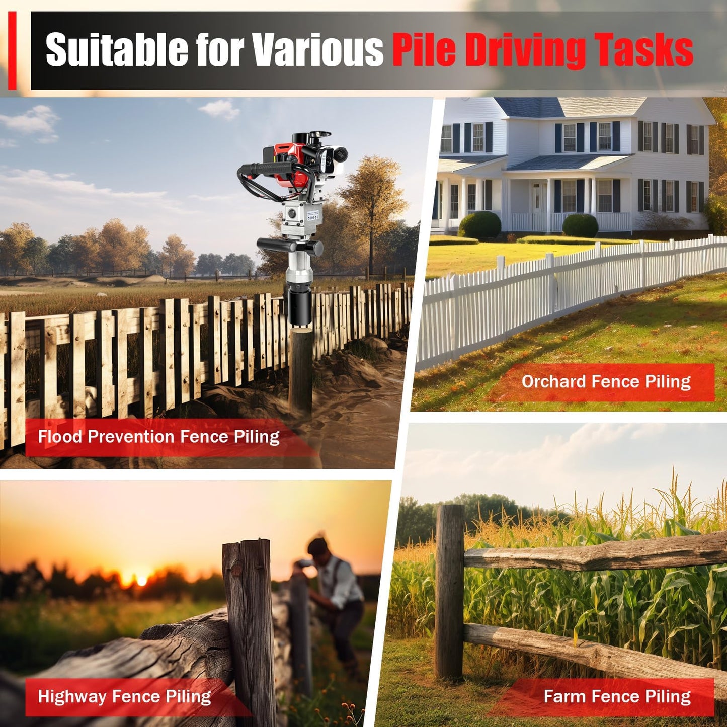 FUJAOPS 32.7cc Gas Powered Post Driver, 900W 2-Stroke T-Post Driver with 2 Sockets, 50J Impact Energy, Fence Post Pounder for Farm Fencing & Construction Piling