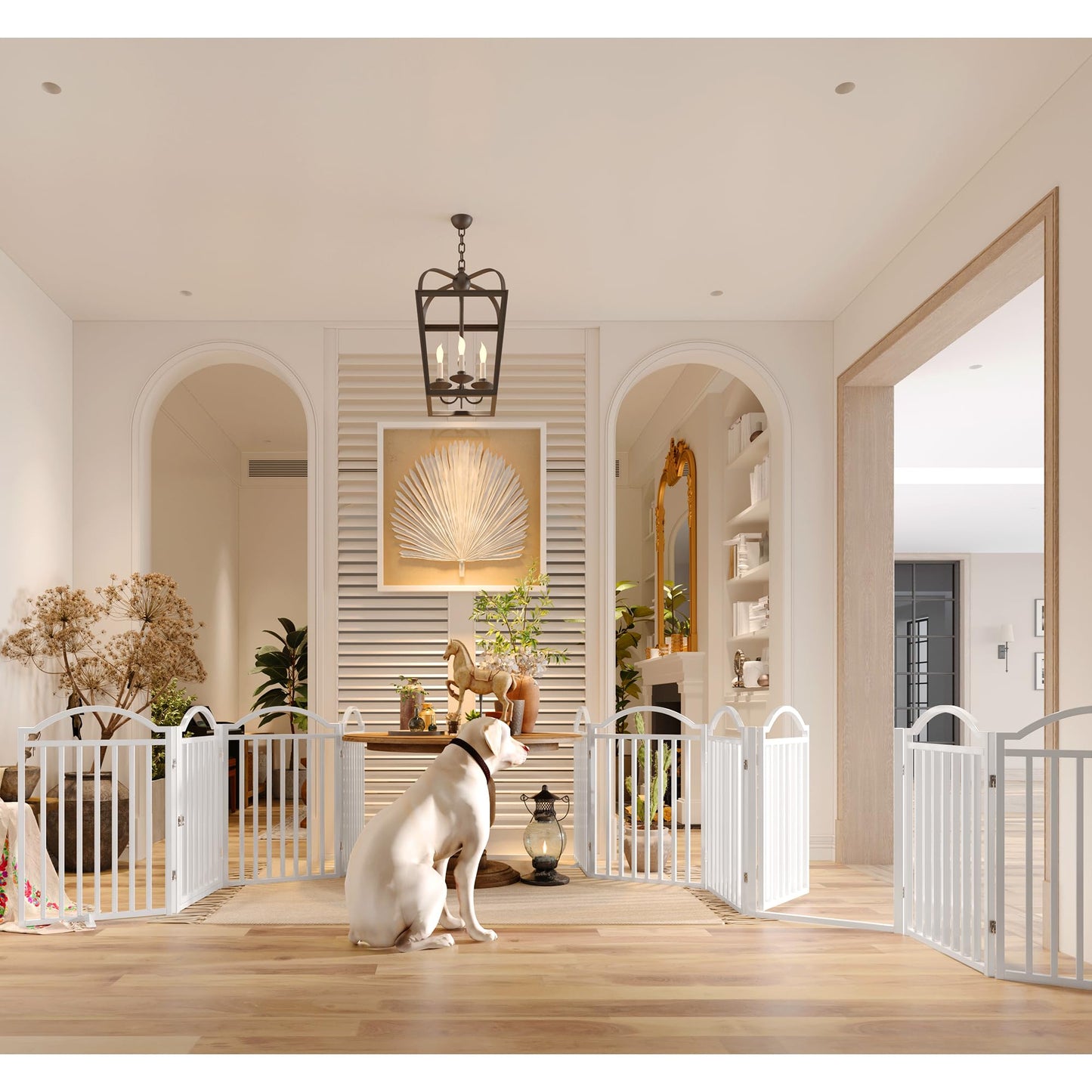 BHG Metal No-Assembly Freestanding Dog Gate with Door Walk Through, Extra Wide 96", Extra Tall 32" Pet Gate, Accordion Puppy Folding Playpen Dog Fence for Indoor & Outdoor, with 2PCS Support - White