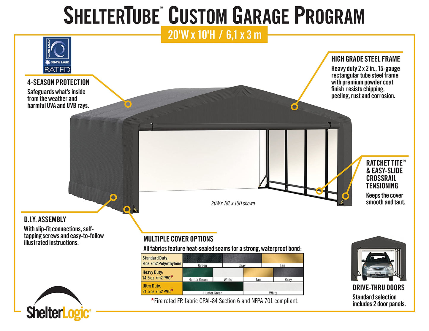 ShelterLogic ShelterTube Garage & Storage Shelter, 20' x 27' x 10' Heavy-Duty Steel Frame Wind and Snow-Load Rated Enclosure, Green