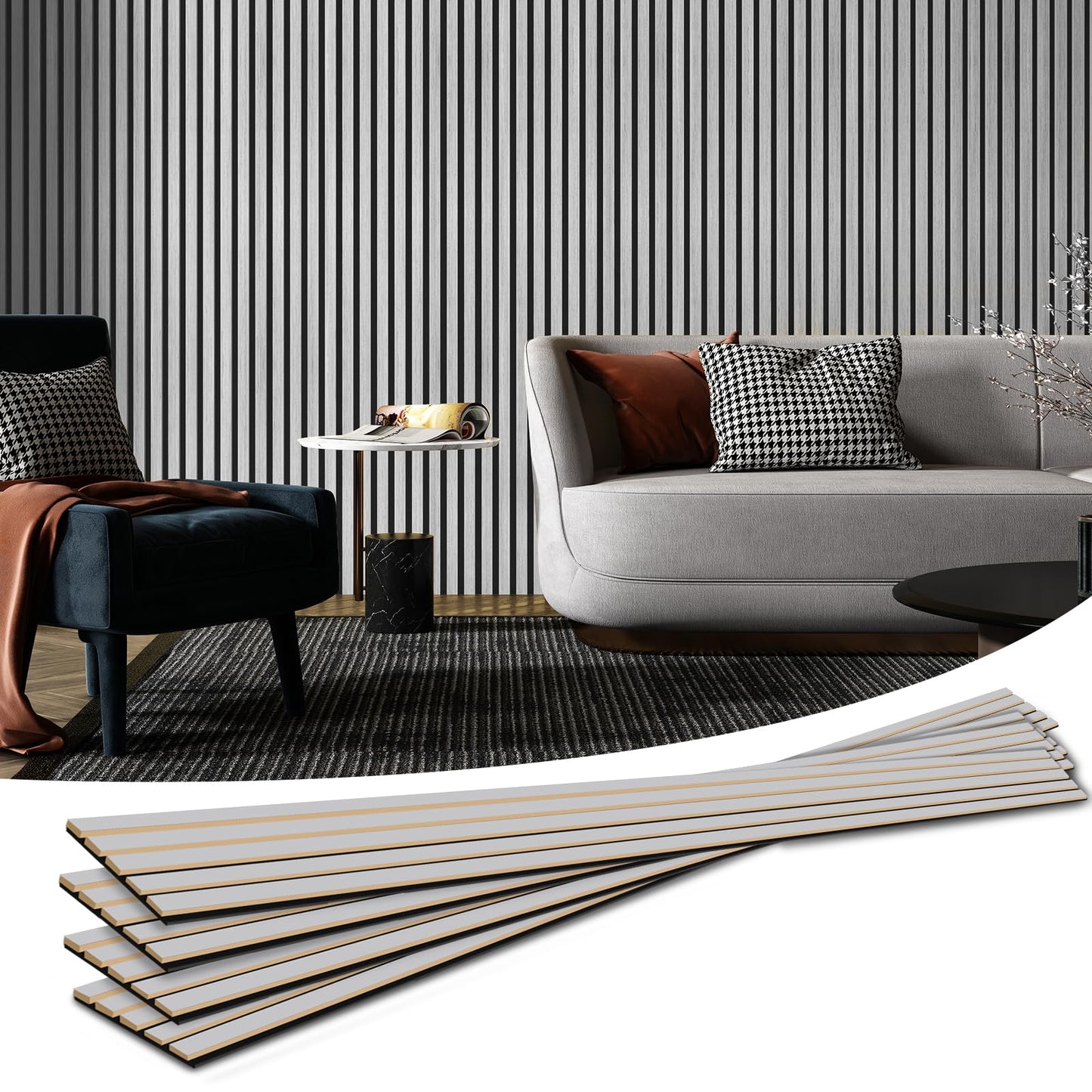 Art3d 4-Piece Wood Slat Acoustic Panels for Stylish Decor and Noise Reduction, 3D Textured Panel for Ceiling and Wall, Brushed Silver