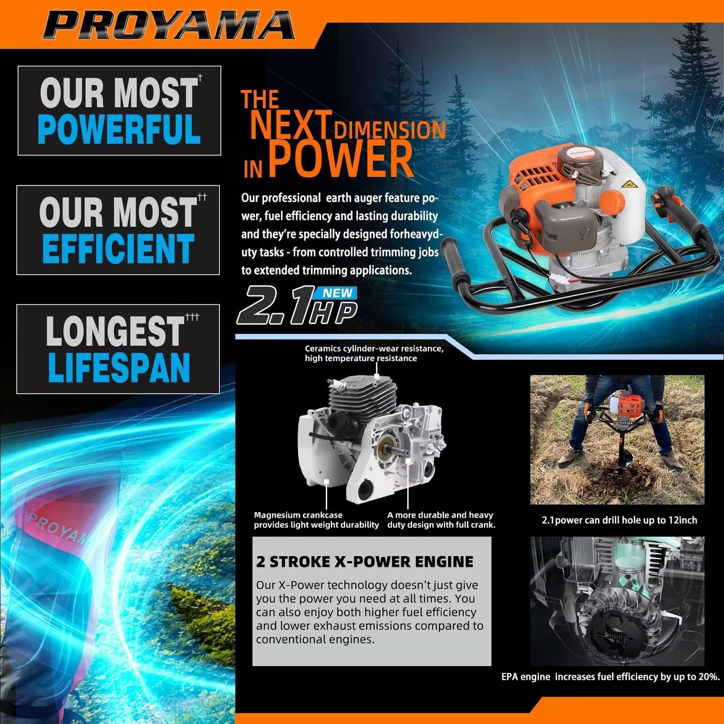 PROYAMA 54cc Post Hole Digger Gas Powered 2 Cycle Earth Auger, 5-Year Warranty Gear Box, 4 Drill Bits 4" 6" 8" 12" + Extension Rod 12" 20"