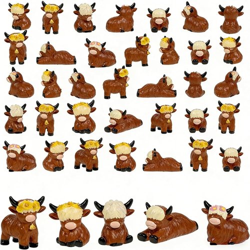 Exasinine Mini Highland Cow Figurines - 25 Pcs Resin Sculptures for Cake Decorations & Garden Decor