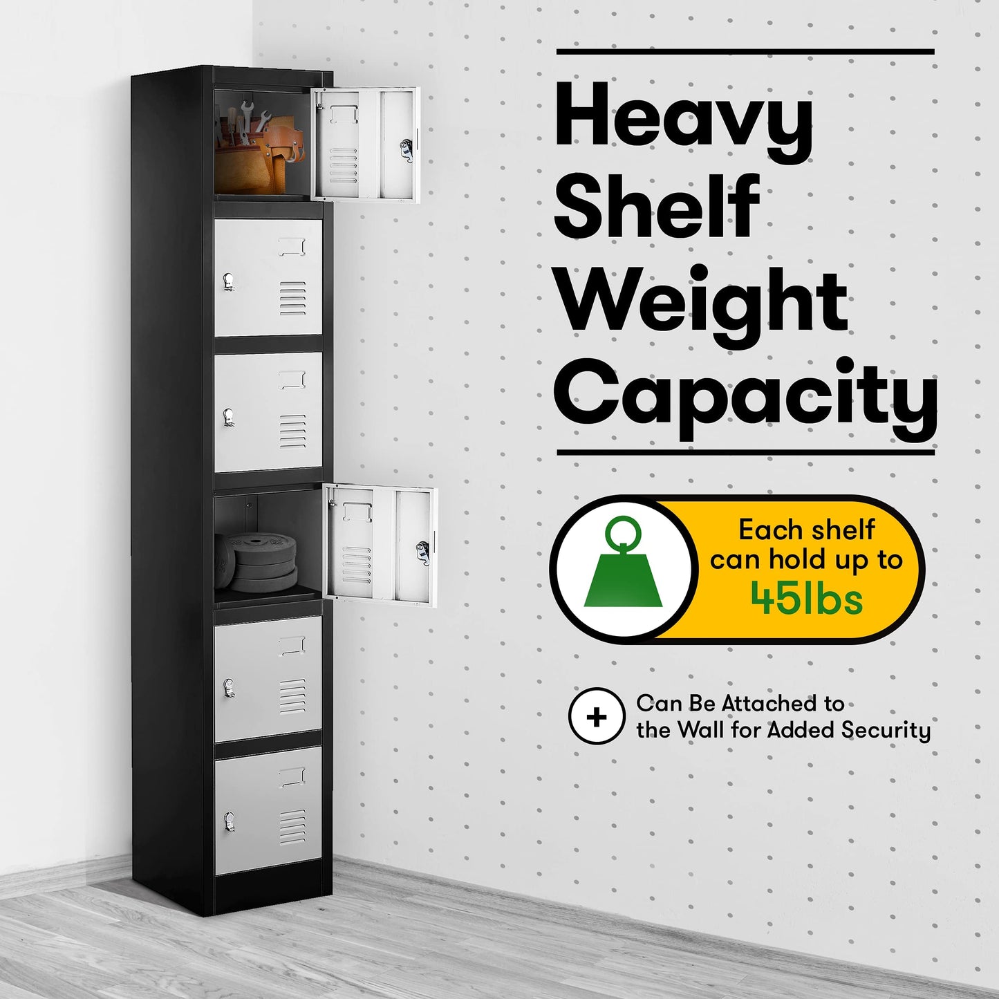 Fedmax Locker Storage Cabinet - 6 Metal Wall Lockers for School, Gym, Home, Office Employee Lock Box, 71 Inches High - Black/Grey
