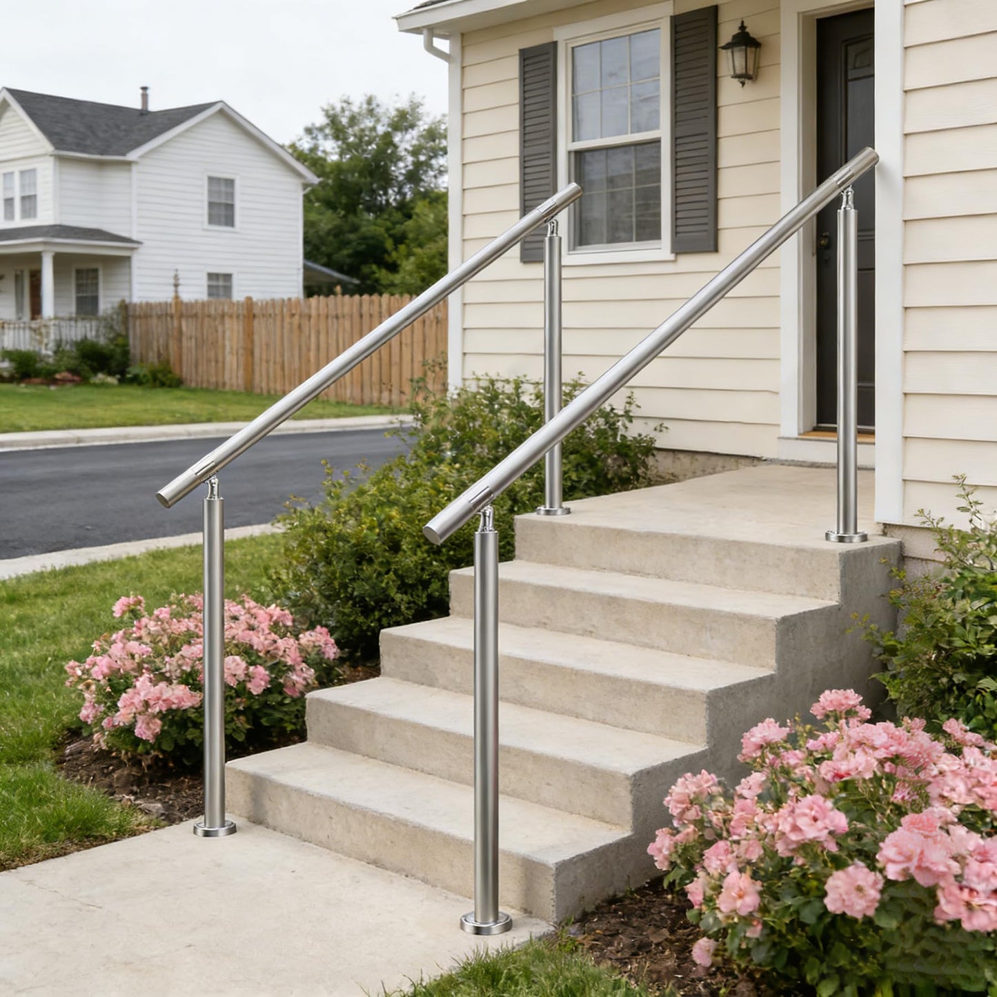 Hand Rails for Outdoor Steps – 54" L x 36" H 4-Step 304 Stainless Steel Railing Kit, Adjustable Step Railing for Concrete Steps & Porch Railing for Exterior Stairs