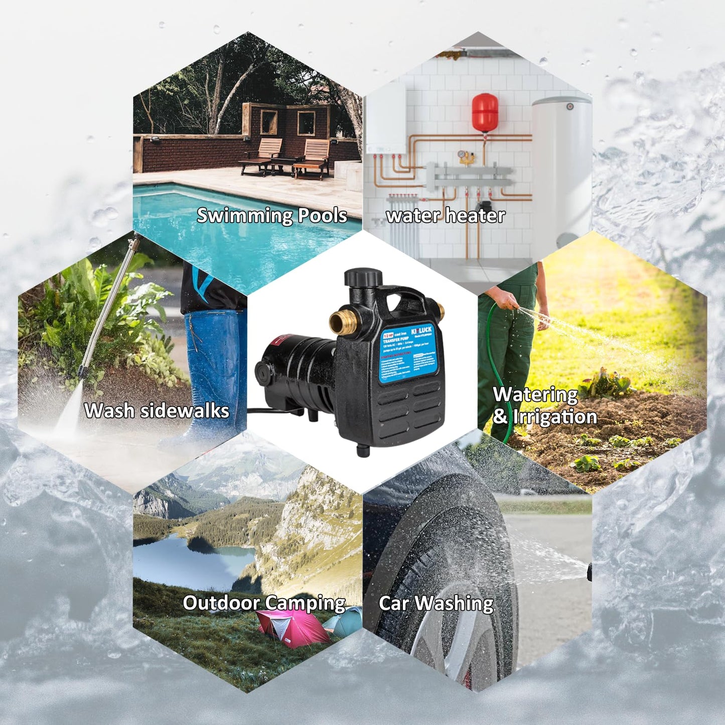 Water Transfer Pump, KITLUCK 120V 1/2 HP 1500GPH Cast Iron Portable Electric Utility Water Pump, Heavy Duty High Pressure Transfer Pump with ON/OFF Switch, Suction Strainer and Brass Connectors