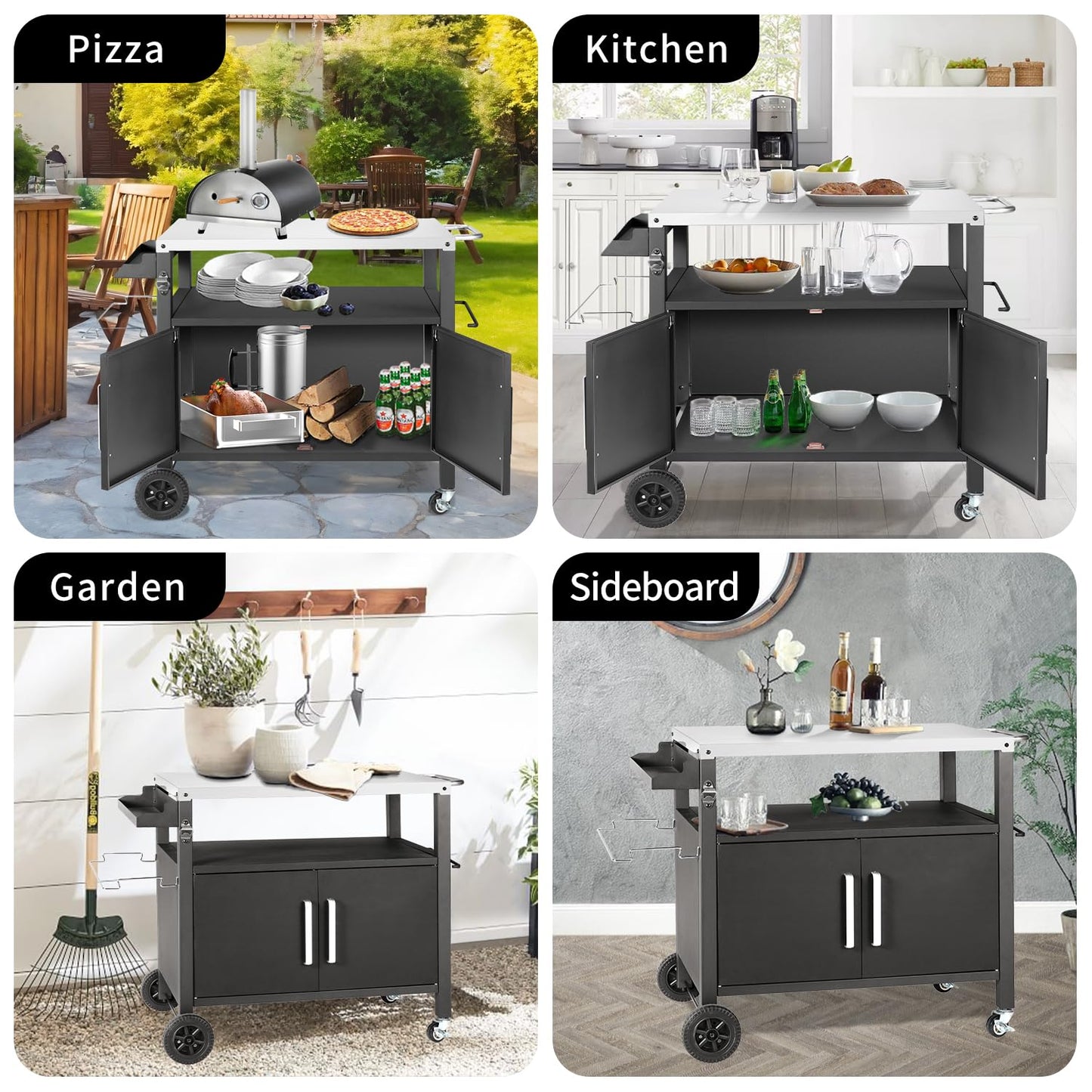 Dining Cart Table with Big Storage Cabinet, Movable Outdoor BBQ Grill Table Pizza Oven Stand, Kitchen Cart Island Multifunctional Food Prep for Inside and Outside