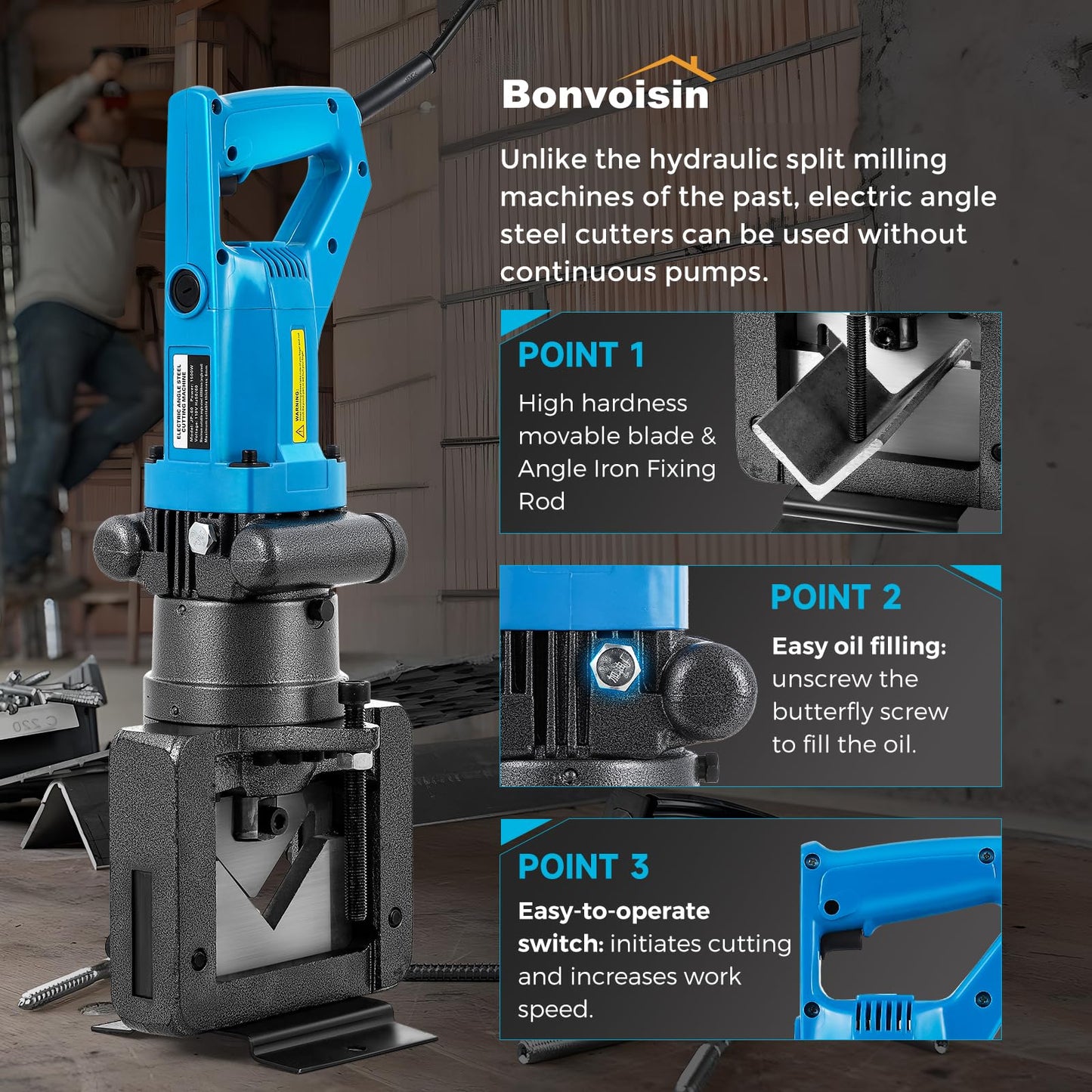 Bonvoisin Electric Hydraulic Angle Iron Steel Cutter 1500W Portable Hydraulic Angle Iron Steel Cutting Tool Machine for Angle Steel Angle Iron 110V