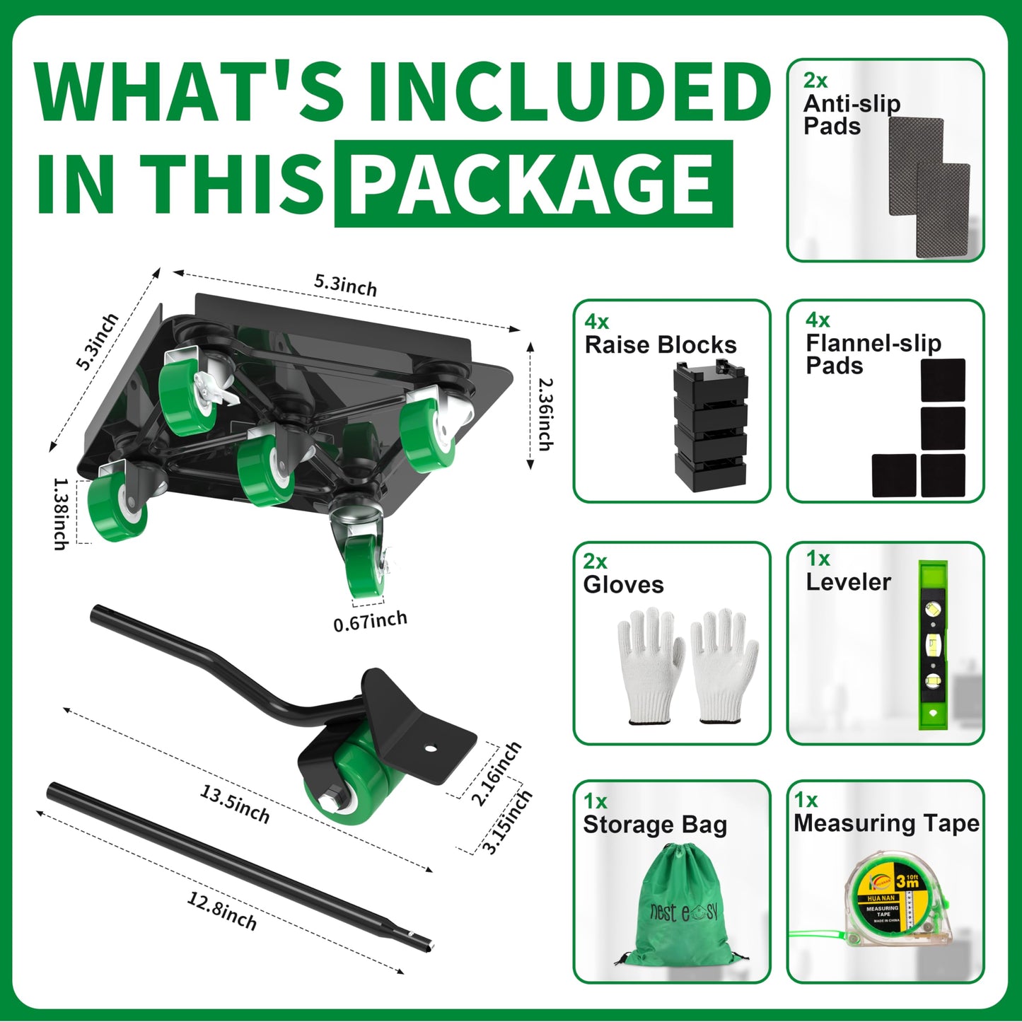 NEST EASY Heavy Duty Furniture Dolly 360° Rotating 5 Wheels, Alloy Steel Furniture Movers Up to 3000 lbs/1360 Kg Load Capacity with Measure Tape and Leveler (5.3x5.3 in)