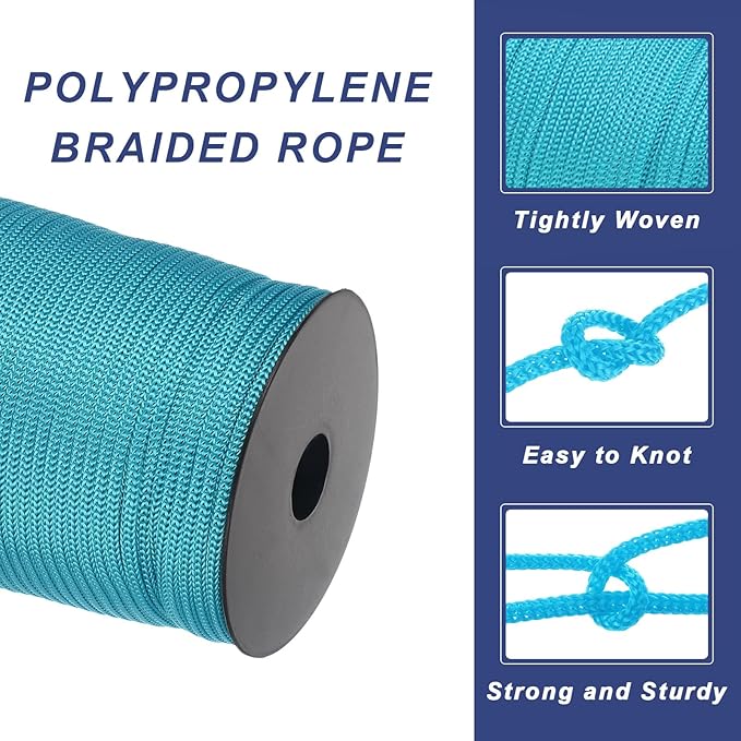 MECCANIXITY 5/32 Inch Polypropylene Rope Braided Ropes, 328ft Camping Rope Hollow Utility Cord for Clothesline, Hiking, Outdoor, Blue-Green