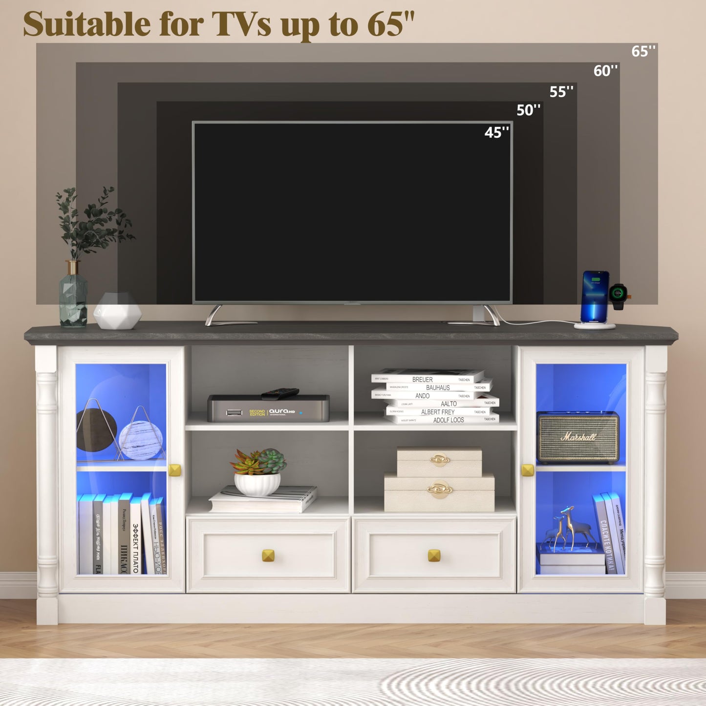 Corner TV Stand for 55 60 65 Inch TVs, Farmhouse Entertainment Center with 2 Storage Drawers and 2 Display Cabinet & Power Outlet and LED Lights, Wood TV Console Table for Living Room, Bedroom, White