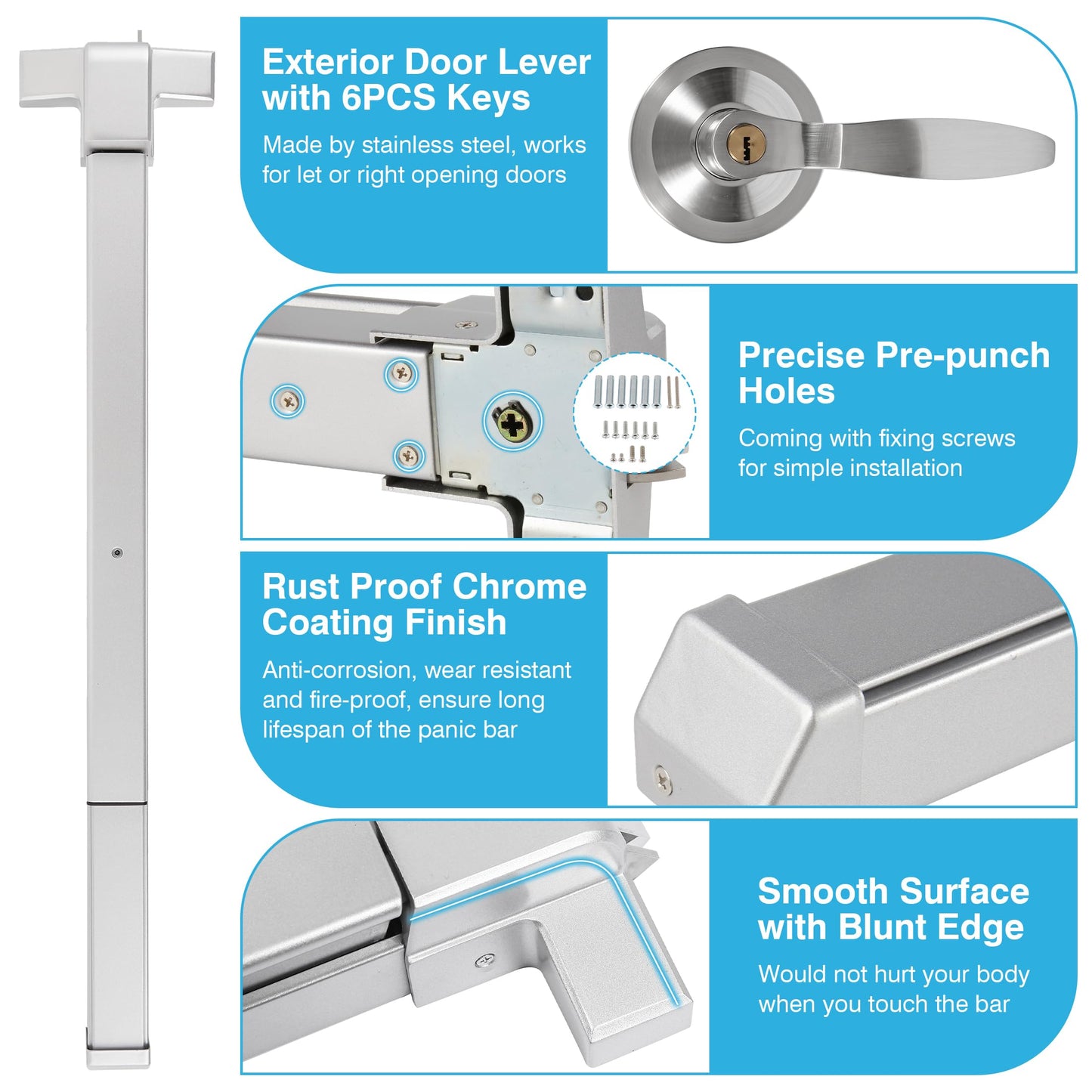IRONWALLS Panic Bars for Exit Doors 32 Inch, Silver Commercial Push Bar Panic Exit Device Stainless Steel with Exterior Door Lever Handle, Emergency Exit Panic Door Hardware for 32”-47” Doors