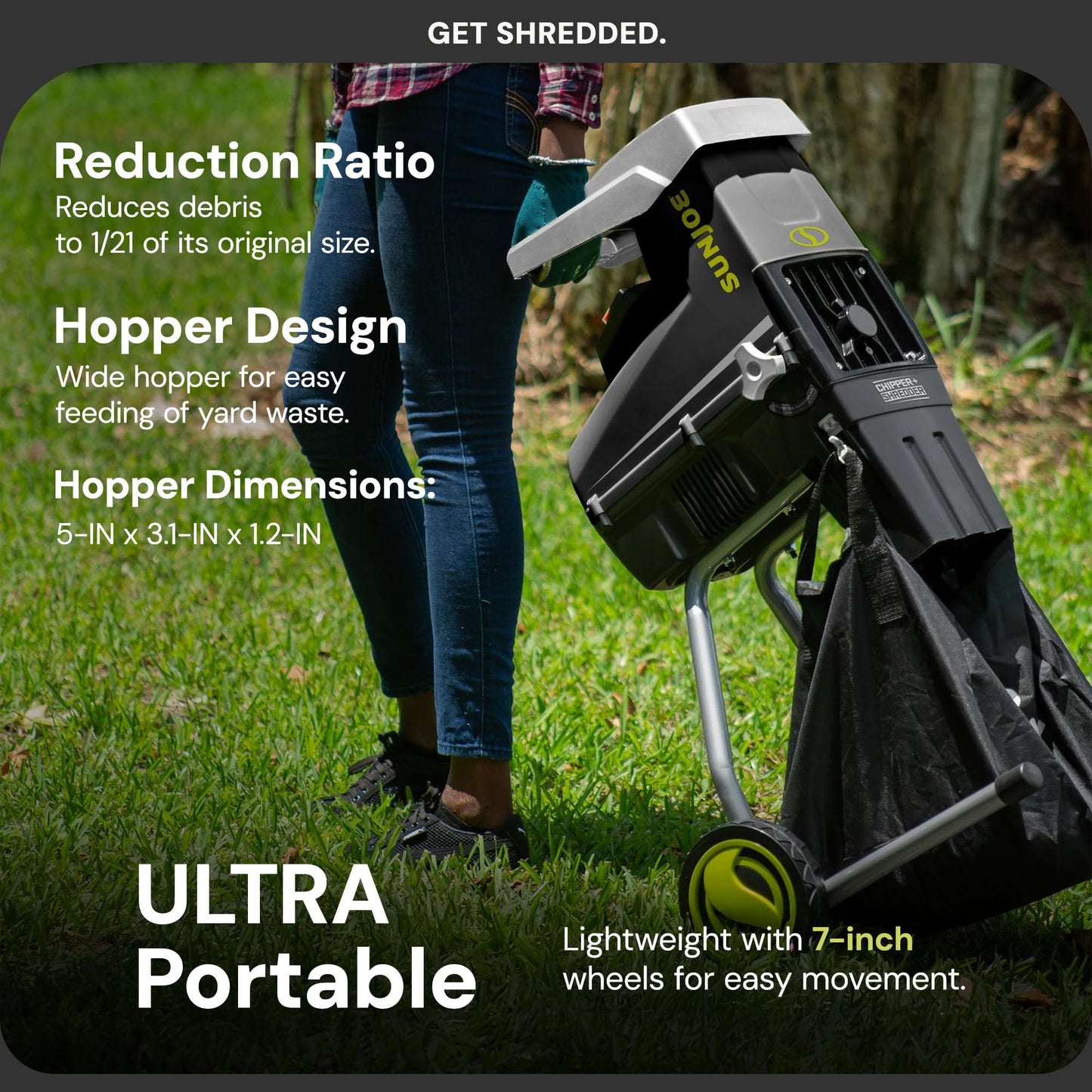 Sun Joe Wood Chipper Shredder and Waste Shredding Machine w/Collection Bag, 1.7-Inch Cutting Diameter, 15-Amp Motor - Portable Electric Equipment, Lawn Care CJ603E