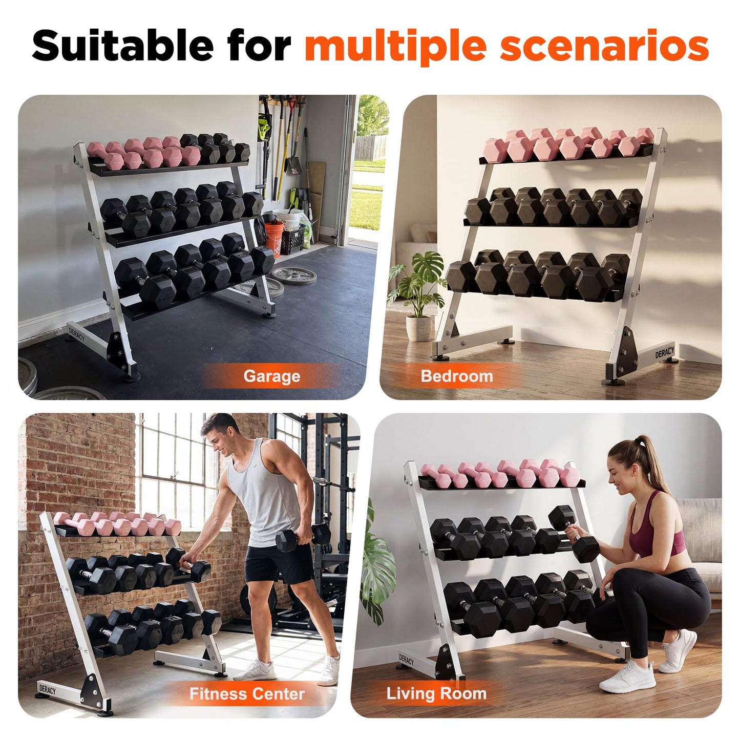 DERACY Dumbbell Rack, 3-Tier Dumbbell Weight Rack for Home Gym, Dumbbell Set Organizer for Dumbbell Kettlebell Barbell, Heavy Duty Weight Storage Rack, Dumbbell Stand Only