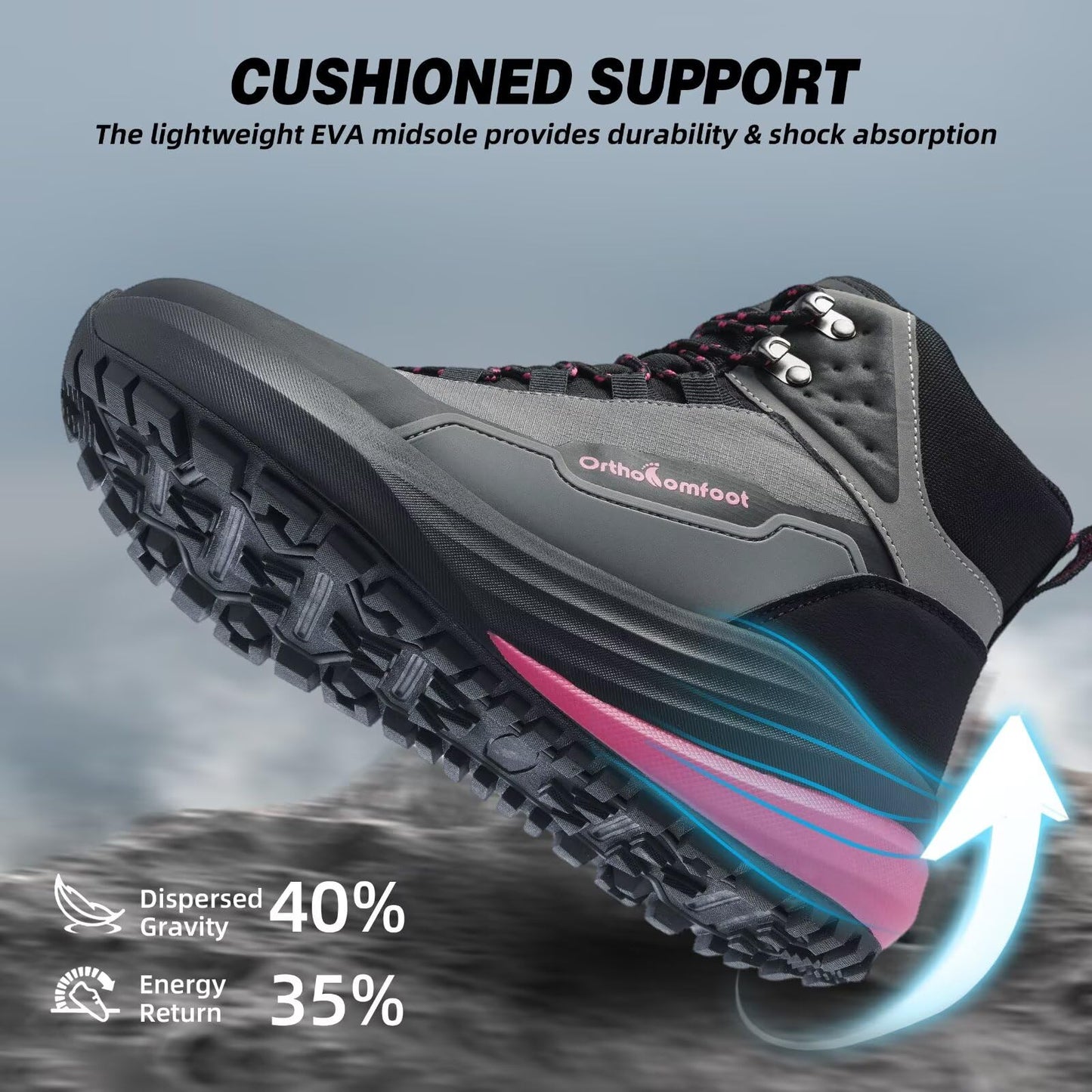 Women's Orthopedic Mid Trekking Hiking Boots: Plantar Fasciitis Orthotic Arch Support Bunions Recovery Fashion Boots, Comfortable Stylish Working Standing Walking Shoes Black Rose Red Size 8.5