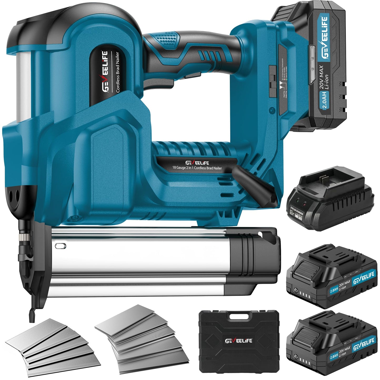 GEVEELIFE Cordless 2" Brad Nailer, 2-in-1 20V Nail Gun Cordless with 2×2.0Ah Batteries, 18GA Nail Gun & Staple Gun,1000pcs Nails, Adjustable Depth, 2 Modes for Wood Carpentry