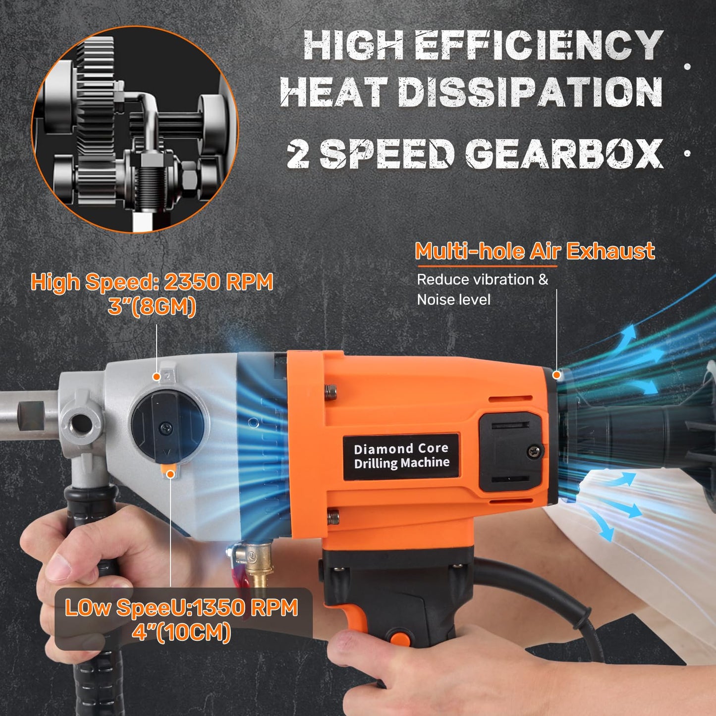Zelurelle 4 inch Diamond Core Drill Machine, 1500W Handheld Concrete Core Drill Rig, 2-Speed Wet/Dry Drilling, 1350/2350RPM, 1-1/4" Thread, for Brick, Block, Stone, Reinforced Concrete