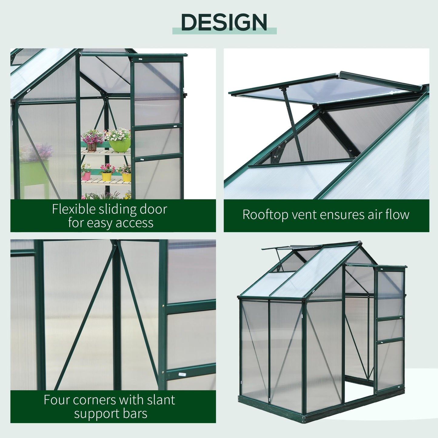 Outsunny 6' x 4' Greenhouse for Outdoors, Polycarbonate Greenhouse with Rain Gutter and Roof Vent, Aluminum Walk-in Green Houses with Push Door for Outside for Patio Backyard Garden, Dark Green