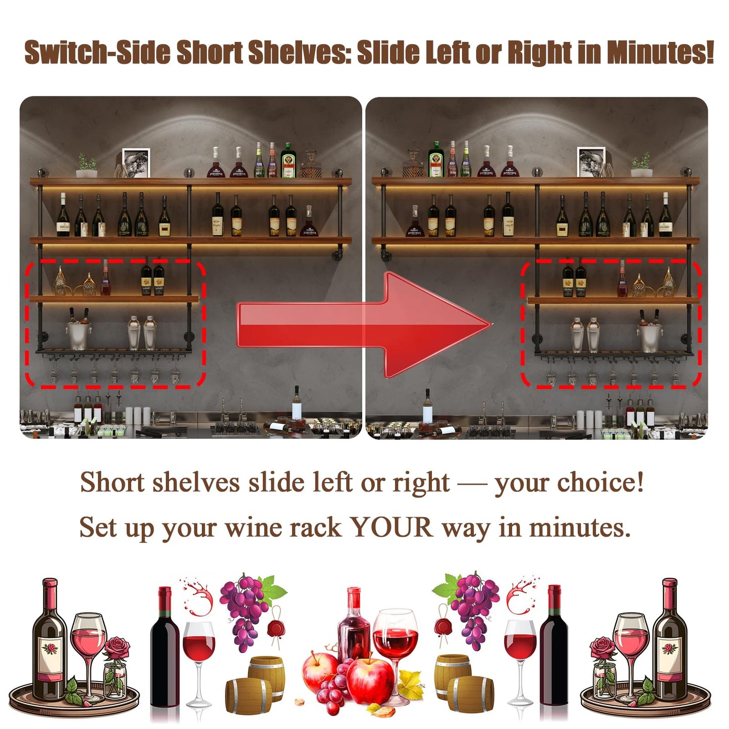 Solid Wood Wall Mounted Wine Rack, Large Wine Rack with LED Light, 4 Tiers Liquor Bottles Floating Shelves with Glass Holder, Industrial Bar Shelves for Home Bar Dining Room(78.7 in/ 200CM)